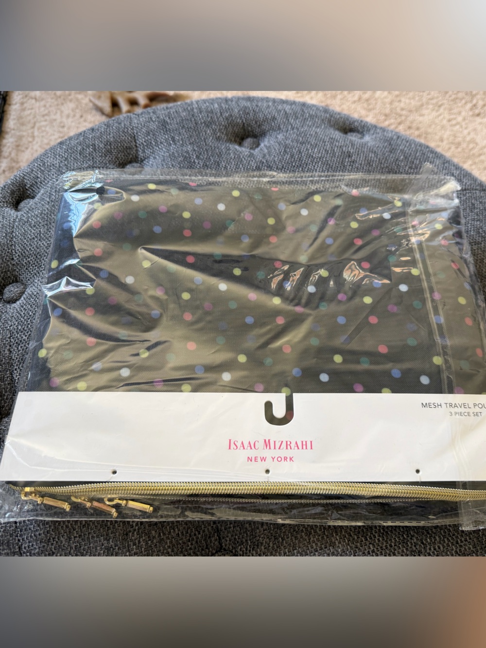 NWT Isaac Mizrahi Black Polka Dot Mesh Travel 3 Pouch Set